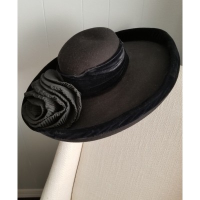 VINTAGE Don Andetson 100% Wool Dollman Hat Company Black Flower Church Derby Hat  eb-81515444